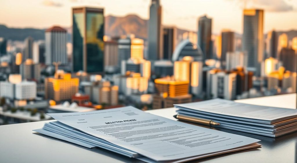 A bustling city skyline of São Paulo, Brazil, illuminated by the warm glow of the sun. In the foreground, a series of official-looking documents and forms representing the various public hiring processes, meticulously arranged on a sleek, modern desk. The background features the iconic skyscrapers and high-rise buildings of the financial district, creating a sense of urban dynamism and opportunity. The scene is captured with a shallow depth of field, focusing the viewer's attention on the details of the selection process materials, while the cityscape provides a sophisticated, professional backdrop. The overall mood is one of efficiency, progress, and the promise of a rewarding career in public service.