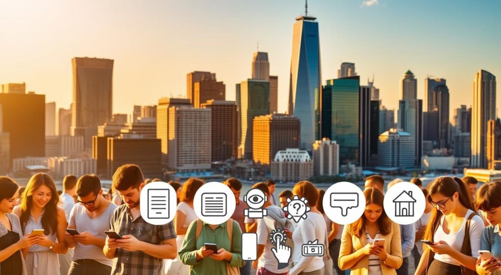 A bustling city skyline with modern high-rise buildings and towering skyscrapers in the background. In the foreground, a diverse group of people using various mobile devices, some accessing government services and applications. The scene is bathed in warm, golden light, conveying a sense of productivity and efficiency. The middle ground features stylized icons and graphics representing the different government services available through mobile apps, such as tax filing, public transportation, and citizen engagement. The overall composition and color palette suggest the convenience, accessibility, and benefits of leveraging government-provided digital tools.