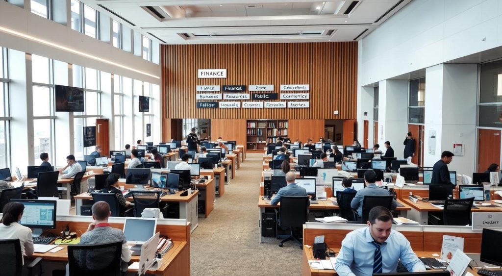 A bustling governmental office with an array of distinct departments and functions. The foreground showcases civil servants diligently working at their desks, surrounded by the tools of their trade - computers, phones, and neatly organized files. The middle ground features prominent signage identifying the various administrative branches, from finance to human resources to public services. In the background, a sense of order and structure is conveyed through sleek, modern architecture with clean lines and ample natural light streaming in. The overall atmosphere exudes professionalism, efficiency, and a deep commitment to public service. A bustling governmental office with an array of distinct departments and functions. The foreground showcases civil servants diligently working at their desks, surrounded by the tools of their trade - computers, phones, and neatly organized files. The middle ground features prominent signage identifying the various administrative branches, from finance to human resources to public services. In the background, a sense of order and structure is conveyed through sleek, modern architecture with clean lines and ample natural light streaming in. The overall atmosphere exudes professionalism, efficiency, and a deep commitment to public service.
