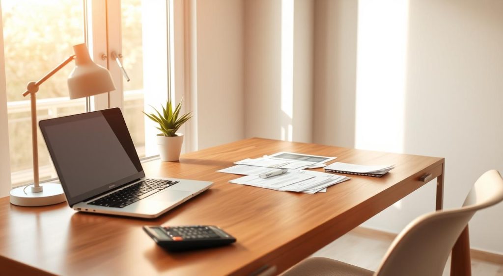 A clean, minimalist home office setup with a wooden desk, a laptop, and a simple calculator. Warm, natural lighting streams in through large windows, casting a soft glow on the workspace. On the desk, various financial documents and receipts are neatly organized, representing the "controle de gastos" or expense tracking process. A potted plant and a sleek, modern desk lamp add subtle visual interest to the scene. The overall atmosphere is one of focus, organization, and financial responsibility, reflecting the "Avalie sua situação financeira atual" section of the article. A clean, minimalist home office setup with a wooden desk, a laptop, and a simple calculator. Warm, natural lighting streams in through large windows, casting a soft glow on the workspace. On the desk, various financial documents and receipts are neatly organized, representing the "controle de gastos" or expense tracking process. A potted plant and a sleek, modern desk lamp add subtle visual interest to the scene. The overall atmosphere is one of focus, organization, and financial responsibility, reflecting the "Avalie sua situação financeira atual" section of the article.