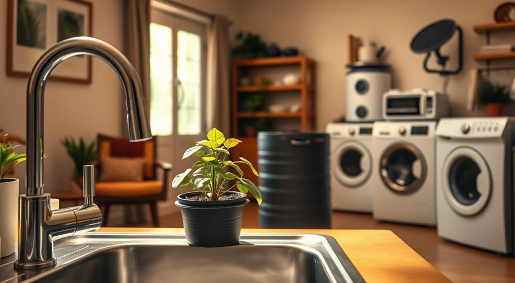 A cozy, well-lit home interior showcasing practical water conservation measures. In the foreground, a modern low-flow faucet and a water-efficient dishwasher. The middle ground features a potted plant thriving in a self-watering planter, and a rain barrel capturing roof runoff. The background showcases an energy-efficient washing machine and a solar-powered water heater, casting a warm glow. The scene conveys a sense of environmental consciousness and domestic harmony, inspiring viewers to adopt sustainable water practices in their own homes. A cozy, well-lit home interior showcasing practical water conservation measures. In the foreground, a modern low-flow faucet and a water-efficient dishwasher. The middle ground features a potted plant thriving in a self-watering planter, and a rain barrel capturing roof runoff. The background showcases an energy-efficient washing machine and a solar-powered water heater, casting a warm glow. The scene conveys a sense of environmental consciousness and domestic harmony, inspiring viewers to adopt sustainable water practices in their own homes.