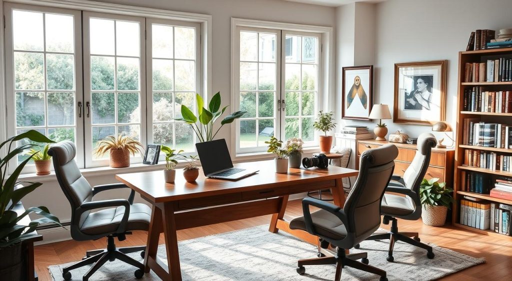 A cozy, well-lit home office with abundant natural light streaming through large windows. A sturdy wooden desk holds a sleek laptop, a professional-grade camera, and a few potted plants. Plush ergonomic chairs invite productivity, while bookshelves line the walls, filled with references and inspiration. A soft rug and tasteful artwork create a warm, inviting ambiance. In the background, a view of a lush, verdant backyard garden offers a peaceful respite from work. The overall scene exudes a sense of balance between work and relaxation, a productive yet comfortable environment conducive to generating income from the comfort of one's own home. A cozy, well-lit home office with abundant natural light streaming through large windows. A sturdy wooden desk holds a sleek laptop, a professional-grade camera, and a few potted plants. Plush ergonomic chairs invite productivity, while bookshelves line the walls, filled with references and inspiration. A soft rug and tasteful artwork create a warm, inviting ambiance. In the background, a view of a lush, verdant backyard garden offers a peaceful respite from work. The overall scene exudes a sense of balance between work and relaxation, a productive yet comfortable environment conducive to generating income from the comfort of one's own home.