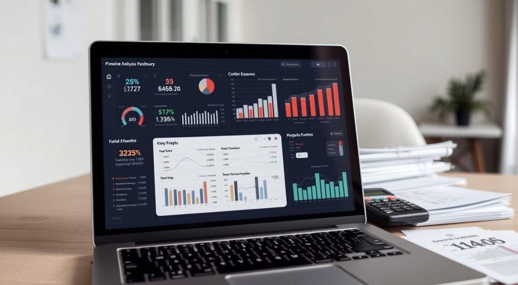A detailed financial analysis dashboard with a minimalist and clean design. In the foreground, a laptop screen displays various charts, graphs, and data visualizations tracking expenses and spending patterns. The middle ground features a neat stack of financial documents and a calculator, conveying a sense of organized financial planning. The background showcases a serene, blurred office environment with neutral tones, emphasizing the importance of thoughtful money management. The overall mood is one of control, efficiency, and a focus on personal financial strategy. A detailed financial analysis dashboard with a minimalist and clean design. In the foreground, a laptop screen displays various charts, graphs, and data visualizations tracking expenses and spending patterns. The middle ground features a neat stack of financial documents and a calculator, conveying a sense of organized financial planning. The background showcases a serene, blurred office environment with neutral tones, emphasizing the importance of thoughtful money management. The overall mood is one of control, efficiency, and a focus on personal financial strategy.