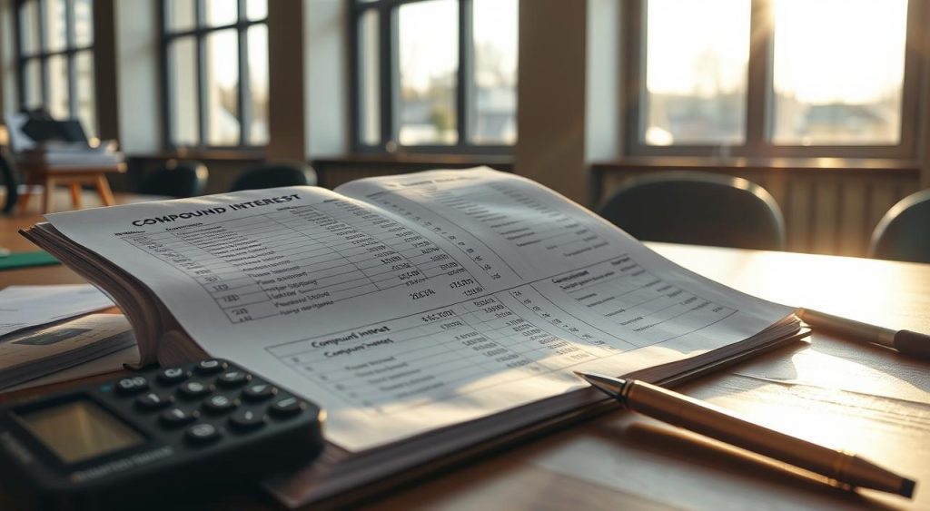 A detailed financial ledger book rests on a wooden desk, sunlight streaming through large windows, casting a warm glow on the page displaying compound interest calculations. A calculator and a pen lie nearby, ready to assist in the step-by-step process of computing compounded growth. The atmosphere is one of focused concentration, with a sense of diligence and analytical precision. The composition emphasizes the importance of understanding this fundamental financial concept, inviting the viewer to delve into the mechanics of compound interest. A detailed financial ledger book rests on a wooden desk, sunlight streaming through large windows, casting a warm glow on the page displaying compound interest calculations. A calculator and a pen lie nearby, ready to assist in the step-by-step process of computing compounded growth. The atmosphere is one of focused concentration, with a sense of diligence and analytical precision. The composition emphasizes the importance of understanding this fundamental financial concept, inviting the viewer to delve into the mechanics of compound interest.