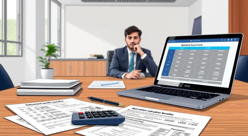 A detailed, technical illustration of the process of calculating retirement benefits from the Brazilian social security system (INSS). In the foreground, a calculator and pension documents are neatly arranged on a wooden desk, with a laptop showing retirement calculation software. In the middle ground, a person in business attire sits thoughtfully, reviewing the paperwork. The background depicts a modern office environment with clean lines, natural lighting, and muted colors to create a professional, analytical atmosphere. The scene conveys the complex, precise nature of retirement benefit calculations, essential for the "Aspectos Técnicos e Cálculo do Benefício" section of the article.