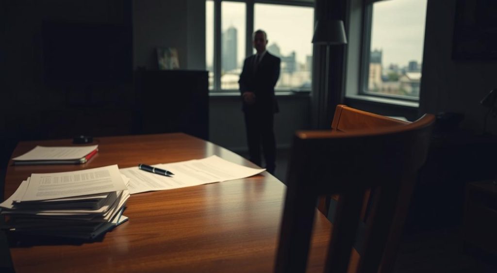 A dimly lit office space, with a wooden desk and chair in the foreground. On the desk, a stack of papers, a pen, and a laptop symbolizing regulatory documents and bureaucracy. In the middle ground, a person in a suit, representing a government official, standing pensively, their face partly obscured by shadow. In the background, a cityscape visible through a window, hinting at the broader economic and social context. The lighting is low-key, creating a sense of tension and seriousness, reflecting the complex regulatory challenges faced by the shared economy. A dimly lit office space, with a wooden desk and chair in the foreground. On the desk, a stack of papers, a pen, and a laptop symbolizing regulatory documents and bureaucracy. In the middle ground, a person in a suit, representing a government official, standing pensively, their face partly obscured by shadow. In the background, a cityscape visible through a window, hinting at the broader economic and social context. The lighting is low-key, creating a sense of tension and seriousness, reflecting the complex regulatory challenges faced by the shared economy.