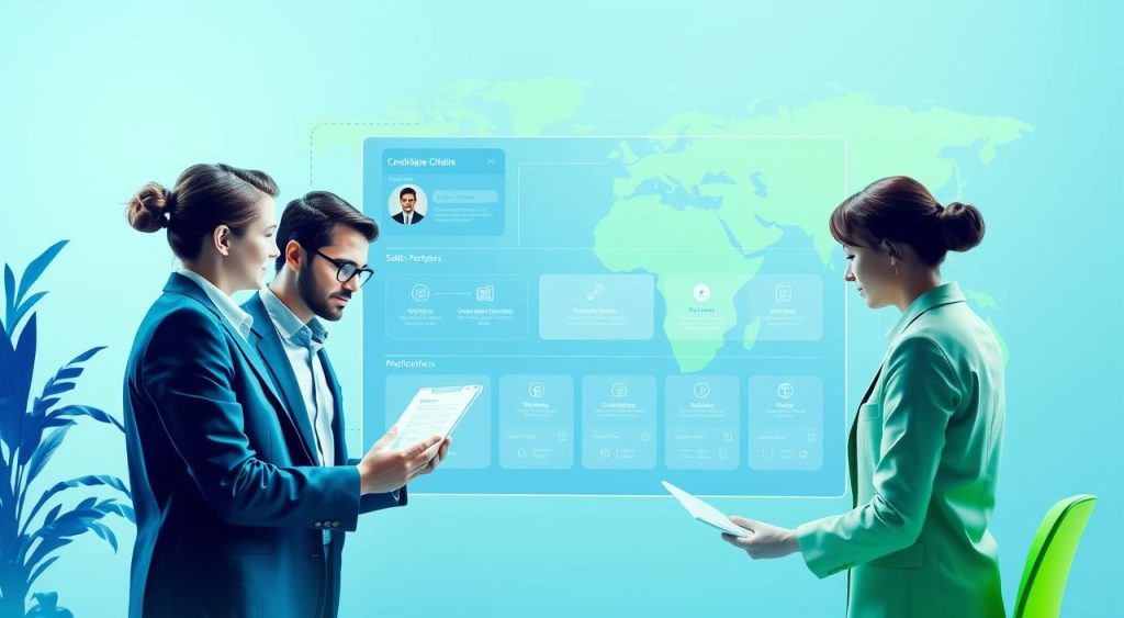 A dynamic team of recruiters navigating a sleek digital interface, streamlining the onboarding of temporary workers. Vibrant hues of blue and green evoke a sense of efficiency and innovation. In the foreground, a recruiter interacts with a candidate's profile, accessing a comprehensive skills database. The middle ground showcases an array of customizable hiring workflows, tailored to the needs of fast-paced projects. In the background, a stylized world map hints at the global reach of these agile recruitment solutions, connecting talent to opportunity with speed and precision. Soft, diffused lighting creates a professional, yet approachable atmosphere, inviting the viewer to envision the future of temporary staffing. A dynamic team of recruiters navigating a sleek digital interface, streamlining the onboarding of temporary workers. Vibrant hues of blue and green evoke a sense of efficiency and innovation. In the foreground, a recruiter interacts with a candidate's profile, accessing a comprehensive skills database. The middle ground showcases an array of customizable hiring workflows, tailored to the needs of fast-paced projects. In the background, a stylized world map hints at the global reach of these agile recruitment solutions, connecting talent to opportunity with speed and precision. Soft, diffused lighting creates a professional, yet approachable atmosphere, inviting the viewer to envision the future of temporary staffing.