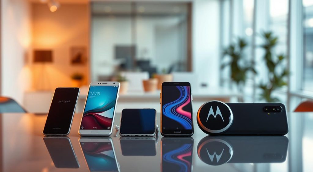 A high-quality studio photograph showcasing the best smartphone models from Samsung, Xiaomi, and Motorola. The devices are arranged in the foreground on a sleek, reflective surface, bathed in warm, directional lighting that highlights their premium design features. In the middle ground, a blurred background suggests a modern, minimalist office or studio setting. The overall mood is one of sophistication and technological prowess, inviting the viewer to closely examine the craftsmanship and capabilities of these leading smartphone brands. A high-quality studio photograph showcasing the best smartphone models from Samsung, Xiaomi, and Motorola. The devices are arranged in the foreground on a sleek, reflective surface, bathed in warm, directional lighting that highlights their premium design features. In the middle ground, a blurred background suggests a modern, minimalist office or studio setting. The overall mood is one of sophistication and technological prowess, inviting the viewer to closely examine the craftsmanship and capabilities of these leading smartphone brands.