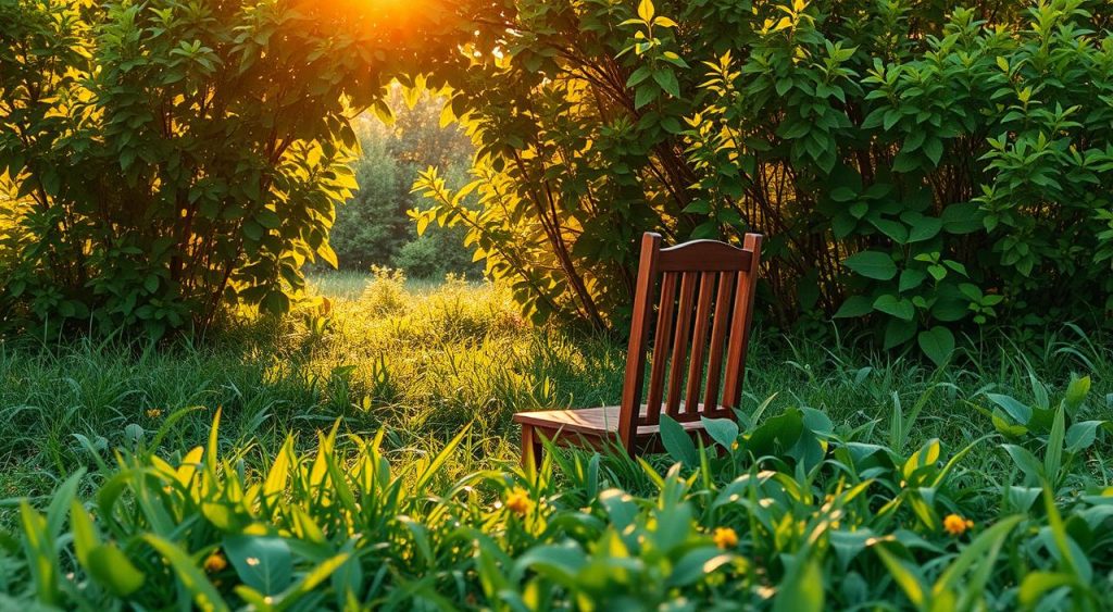 A lush, verdant meadow with a wooden desk and chair nestled among flourishing greenery. A metaphorical representation of the "Tríade do Tempo" methodology, the desk and chair symbolize the workspace, while the surrounding nature represents the flow and harmony of time management. Warm, golden sunlight filters through the leaves, casting a serene, contemplative atmosphere. The scene is captured from a slightly elevated angle, giving a sense of perspective and depth. The image conveys a tranquil, productive environment where focus, balance, and efficiency are paramount. A lush, verdant meadow with a wooden desk and chair nestled among flourishing greenery. A metaphorical representation of the "Tríade do Tempo" methodology, the desk and chair symbolize the workspace, while the surrounding nature represents the flow and harmony of time management. Warm, golden sunlight filters through the leaves, casting a serene, contemplative atmosphere. The scene is captured from a slightly elevated angle, giving a sense of perspective and depth. The image conveys a tranquil, productive environment where focus, balance, and efficiency are paramount.