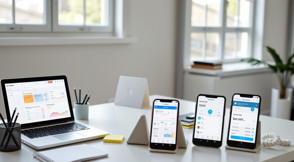 A modern, minimalist home office setup showcasing various finance apps on a laptop, tablet, and smartphone. The workspace is well-lit with natural light from large windows, creating a calm and focused atmosphere. Carefully curated office supplies, such as a pen holder, sticky notes, and a sleek desk organizer, complement the minimalist aesthetic. The apps displayed demonstrate intuitive budgeting, expense tracking, and investment management features, emphasizing their role in achieving financial organization and control. A modern, minimalist home office setup showcasing various finance apps on a laptop, tablet, and smartphone. The workspace is well-lit with natural light from large windows, creating a calm and focused atmosphere. Carefully curated office supplies, such as a pen holder, sticky notes, and a sleek desk organizer, complement the minimalist aesthetic. The apps displayed demonstrate intuitive budgeting, expense tracking, and investment management features, emphasizing their role in achieving financial organization and control.
