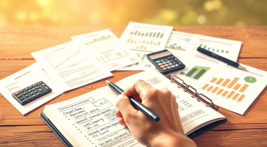 A neatly organized financial plan with clear goals and objectives, depicted in a warm, earthy-toned illustration. In the foreground, a hand holds a pen, poised over a notebook filled with handwritten notes and diagrams. In the middle ground, various financial documents, calculators, and charts are displayed, conveying a sense of diligent planning. The background features a serene, nature-inspired setting, with soft lighting and a blurred, out-of-focus effect, creating a contemplative atmosphere. The overall composition suggests a thoughtful, methodical approach to personal finance, with a focus on achieving well-defined financial objectives. A neatly organized financial plan with clear goals and objectives, depicted in a warm, earthy-toned illustration. In the foreground, a hand holds a pen, poised over a notebook filled with handwritten notes and diagrams. In the middle ground, various financial documents, calculators, and charts are displayed, conveying a sense of diligent planning. The background features a serene, nature-inspired setting, with soft lighting and a blurred, out-of-focus effect, creating a contemplative atmosphere. The overall composition suggests a thoughtful, methodical approach to personal finance, with a focus on achieving well-defined financial objectives.