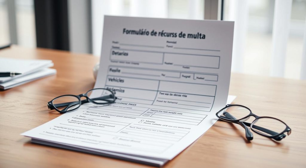 A neatly organized form titled "Formulário de recurso de multa" is displayed on a wooden desktop, with a well-lit, natural lighting ambiance. The form features sections for personal details, vehicle information, and detailed fields for presenting the defense against the traffic fine. A pen and a pair of reading glasses rest nearby, suggesting an official yet approachable setting for carefully filling out the document. The overall composition conveys a sense of professionalism and attention to detail, reflecting the process of appealing a traffic violation effectively. A neatly organized form titled "Formulário de recurso de multa" is displayed on a wooden desktop, with a well-lit, natural lighting ambiance. The form features sections for personal details, vehicle information, and detailed fields for presenting the defense against the traffic fine. A pen and a pair of reading glasses rest nearby, suggesting an official yet approachable setting for carefully filling out the document. The overall composition conveys a sense of professionalism and attention to detail, reflecting the process of appealing a traffic violation effectively.