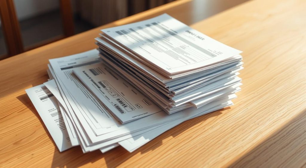 A neatly organized stack of official documents and forms, including utility bills, ID cards, and income statements, resting on a clean, well-lit wooden table. The lighting is warm and natural, casting soft shadows that add depth and dimension to the scene. The documents are photographed from a slightly elevated angle, creating a sense of order and professionalism. The overall mood is one of efficiency and attention to detail, reflecting the importance of gathering the necessary paperwork to access the social tariff program.