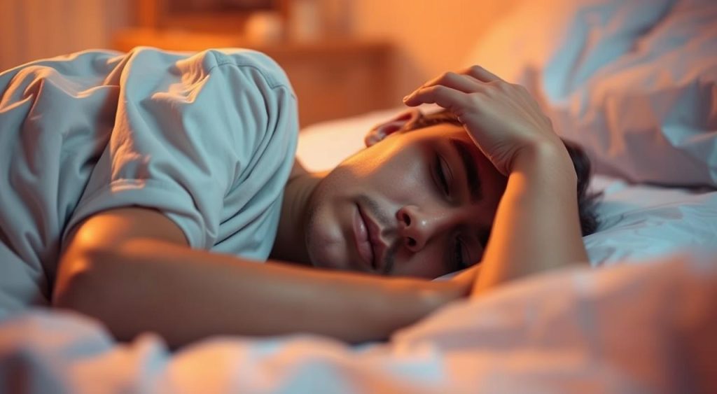 A person lying on a bed, appearing unwell and fatigued, with a hand resting on their forehead. The scene is bathed in soft, warm lighting, creating a soothing and empathetic atmosphere. The background is blurred, putting the focus on the individual's state of temporary incapacity. The composition emphasizes the vulnerability and the need for care, reflecting the essence of the "Auxílio-doença" (Sickness Benefit) program and who it is intended to support.