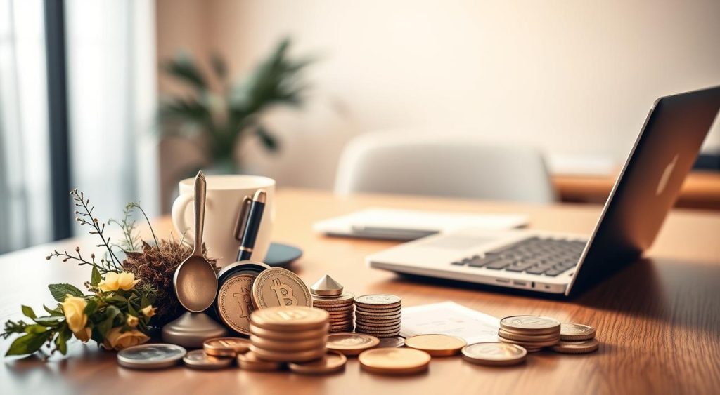 A serene and elegant financial portfolio diversification strategy, captured in a refined photographic composition. The foreground showcases a tasteful arrangement of various financial instruments - stocks, bonds, precious metals, and cryptocurrencies - symbolizing a balanced and well-rounded investment approach. The middle ground features a sleek, minimalist desktop setup with a laptop, calculator, and notepad, conveying a sense of deliberate and disciplined financial planning. The background is a softly blurred, warm-toned office space, evoking a atmosphere of professional expertise and financial stability. Lighting is subtle and directional, creating depth and highlighting the key elements. The overall mood is one of confidence, control, and measured risk-taking - the hallmarks of a successful diversified investment strategy. A serene and elegant financial portfolio diversification strategy, captured in a refined photographic composition. The foreground showcases a tasteful arrangement of various financial instruments - stocks, bonds, precious metals, and cryptocurrencies - symbolizing a balanced and well-rounded investment approach. The middle ground features a sleek, minimalist desktop setup with a laptop, calculator, and notepad, conveying a sense of deliberate and disciplined financial planning. The background is a softly blurred, warm-toned office space, evoking a atmosphere of professional expertise and financial stability. Lighting is subtle and directional, creating depth and highlighting the key elements. The overall mood is one of confidence, control, and measured risk-taking - the hallmarks of a successful diversified investment strategy.