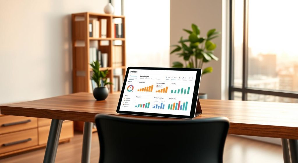 A serene and minimalist office setting, with a wooden desk and ergonomic chair in the foreground. On the desk, a tablet displays a financial dashboard, charts, and graphs representing various debt management strategies. The middle ground features a tall bookshelf filled with financial planning books and a potted plant, conveying a sense of organization and control. The background showcases a large window overlooking a cityscape, with warm, diffused lighting filtering through, creating a calming and productive atmosphere. The overall scene suggests a thoughtful, methodical approach to addressing financial burdens and finding practical solutions to get out of debt. A serene and minimalist office setting, with a wooden desk and ergonomic chair in the foreground. On the desk, a tablet displays a financial dashboard, charts, and graphs representing various debt management strategies. The middle ground features a tall bookshelf filled with financial planning books and a potted plant, conveying a sense of organization and control. The background showcases a large window overlooking a cityscape, with warm, diffused lighting filtering through, creating a calming and productive atmosphere. The overall scene suggests a thoughtful, methodical approach to addressing financial burdens and finding practical solutions to get out of debt.