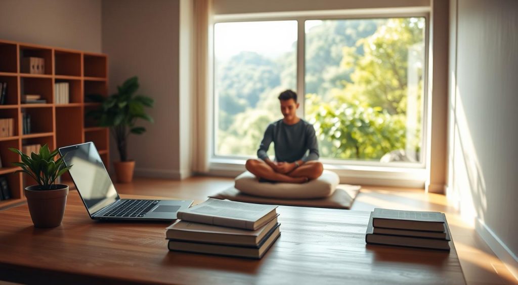 A serene study space bathed in warm, natural light. In the foreground, a wooden desk with a laptop, books, and a potted plant, symbolizing focus and productivity. The middle ground features a person sitting cross-legged on a comfortable cushion, deep in concentration, their face partially obscured. The background showcases a minimalist room with clean lines, neutral tones, and a large window overlooking a lush, verdant landscape, creating a sense of tranquility and inspiration. The overall atmosphere evokes a calming, distraction-free environment conducive to enhanced cognitive performance and increased study focus.