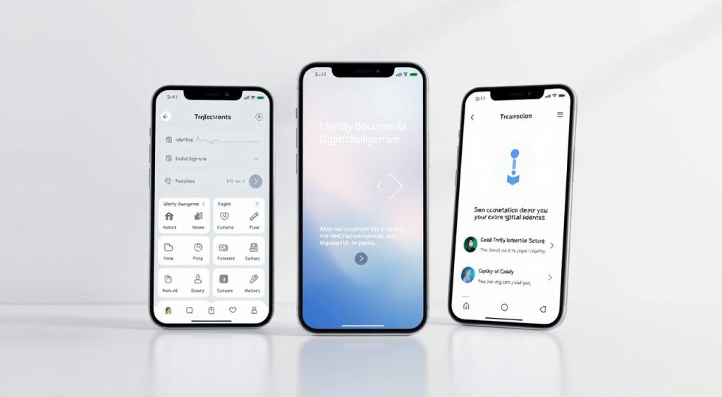 A sleek and modern digital identity app interface, showcasing its key features in a clear and visually appealing layout. The foreground depicts the app's main functionalities, such as identity document management, digital signature, and secure transactions, represented by intuitive icons and clean typography. The middle ground features a seamless user experience with smooth transitions and gesture-based interactions. In the background, a minimalist gradient or abstract geometric pattern sets a professional and trustworthy tone, reflecting the app's purpose of safeguarding personal digital identity. Soft lighting and a slightly angled camera angle create depth and emphasize the user-centric design. The overall mood conveys efficiency, security, and the empowerment of digital identity in the modern world. A sleek and modern digital identity app interface, showcasing its key features in a clear and visually appealing layout. The foreground depicts the app's main functionalities, such as identity document management, digital signature, and secure transactions, represented by intuitive icons and clean typography. The middle ground features a seamless user experience with smooth transitions and gesture-based interactions. In the background, a minimalist gradient or abstract geometric pattern sets a professional and trustworthy tone, reflecting the app's purpose of safeguarding personal digital identity. Soft lighting and a slightly angled camera angle create depth and emphasize the user-centric design. The overall mood conveys efficiency, security, and the empowerment of digital identity in the modern world.
