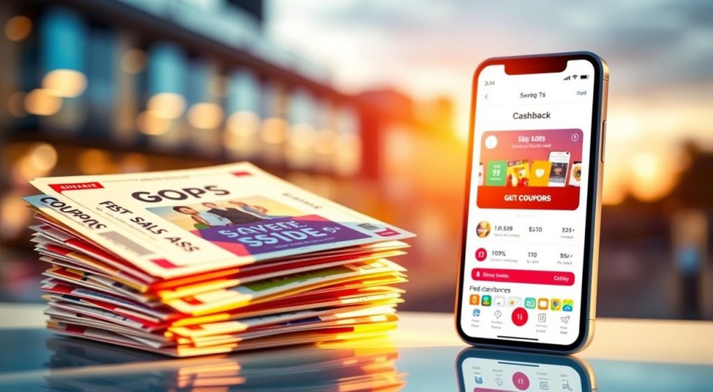 A vibrant and dynamic composition depicting the mechanisms of coupons and cashback. In the foreground, a stack of colorful coupon vouchers, each with a distinct design and offer, casting warm, diffused lighting. In the middle ground, a smartphone screen displaying a cashback app interface, its user interface elegantly rendered with clean lines and attention-grabbing graphics. The background features a blurred, out-of-focus cityscape, hinting at the urban landscape where these digital savings tools are utilized. The overall scene conveys a sense of convenience, accessibility, and the rewarding experience of finding and redeeming discounts in the modern, technology-driven shopping environment. A vibrant and dynamic composition depicting the mechanisms of coupons and cashback. In the foreground, a stack of colorful coupon vouchers, each with a distinct design and offer, casting warm, diffused lighting. In the middle ground, a smartphone screen displaying a cashback app interface, its user interface elegantly rendered with clean lines and attention-grabbing graphics. The background features a blurred, out-of-focus cityscape, hinting at the urban landscape where these digital savings tools are utilized. The overall scene conveys a sense of convenience, accessibility, and the rewarding experience of finding and redeeming discounts in the modern, technology-driven shopping environment.