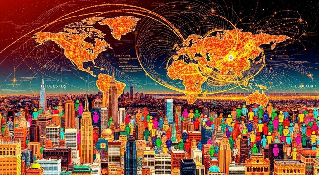 A vibrant and dynamic global landscape, showcasing the creative economy's impact on the world stage. In the foreground, a bustling city skyline with iconic landmarks representing diverse cultures and industries. In the middle ground, a mosaic of colorful figures, each a symbol of innovation, artistry, and entrepreneurship. The background features a swirling vortex of data, information, and technology, highlighting the interconnectedness of the creative economy. The scene is bathed in a warm, golden light, conveying a sense of optimism, growth, and the boundless potential of the creative industries. The overall composition exudes a harmonious balance between the tangible and intangible aspects of the global creative economy. A vibrant and dynamic global landscape, showcasing the creative economy's impact on the world stage. In the foreground, a bustling city skyline with iconic landmarks representing diverse cultures and industries. In the middle ground, a mosaic of colorful figures, each a symbol of innovation, artistry, and entrepreneurship. The background features a swirling vortex of data, information, and technology, highlighting the interconnectedness of the creative economy. The scene is bathed in a warm, golden light, conveying a sense of optimism, growth, and the boundless potential of the creative industries. The overall composition exudes a harmonious balance between the tangible and intangible aspects of the global creative economy.