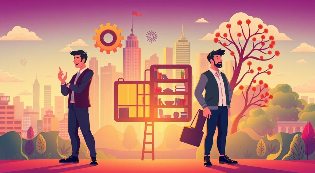 A vibrant illustration showcasing the diverse types of entrepreneurship. In the foreground, dynamic figures representing different entrepreneurial personas - the Innovator, the Solopreneur, the Social Entrepreneur, and the Serial Entrepreneur. In the middle ground, visual metaphors for their respective business models and approaches, such as a gear mechanism, a cozy home office, a community-centric hub, and a branching network. In the background, a stylized cityscape with towering skyscrapers, bustling streets, and a serene natural landscape, symbolizing the varied ecosystems in which entrepreneurs thrive. Warm, inviting lighting casts a sense of possibility and opportunity, while a cinematic camera angle heightens the sense of depth and dynamism. The overall composition conveys the diversity, adaptability, and collaborative spirit of modern entrepreneurship. A vibrant illustration showcasing the diverse types of entrepreneurship. In the foreground, dynamic figures representing different entrepreneurial personas - the Innovator, the Solopreneur, the Social Entrepreneur, and the Serial Entrepreneur. In the middle ground, visual metaphors for their respective business models and approaches, such as a gear mechanism, a cozy home office, a community-centric hub, and a branching network. In the background, a stylized cityscape with towering skyscrapers, bustling streets, and a serene natural landscape, symbolizing the varied ecosystems in which entrepreneurs thrive. Warm, inviting lighting casts a sense of possibility and opportunity, while a cinematic camera angle heightens the sense of depth and dynamism. The overall composition conveys the diversity, adaptability, and collaborative spirit of modern entrepreneurship.