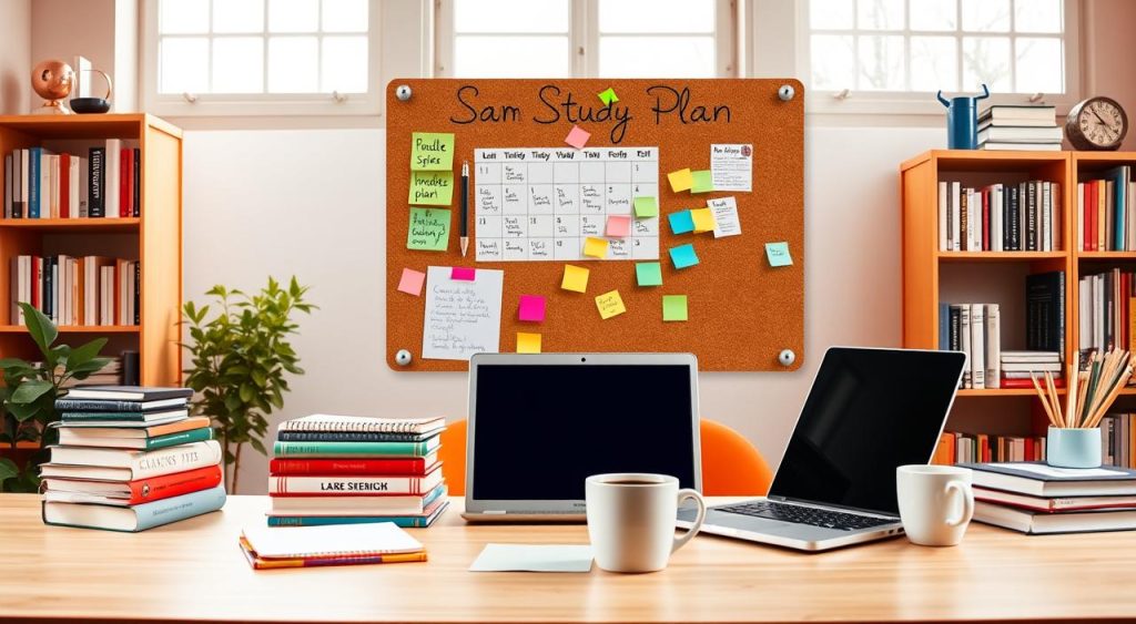 A vibrant, personalized study plan against a warm, inviting backdrop. In the foreground, a neatly organized desk with a laptop, a stack of textbooks, and a cup of coffee, conveying a sense of focused productivity. The middle ground features a corkboard with handwritten notes, colorful sticky tabs, and a calendar, indicating a well-structured approach to learning. In the background, a bookshelf filled with references and a large window letting in soft, natural light, creating a cozy and inspiring atmosphere. The overall scene radiates a sense of personalized, tailored preparation for a significant milestone, such as a public service exam. A vibrant, personalized study plan against a warm, inviting backdrop. In the foreground, a neatly organized desk with a laptop, a stack of textbooks, and a cup of coffee, conveying a sense of focused productivity. The middle ground features a corkboard with handwritten notes, colorful sticky tabs, and a calendar, indicating a well-structured approach to learning. In the background, a bookshelf filled with references and a large window letting in soft, natural light, creating a cozy and inspiring atmosphere. The overall scene radiates a sense of personalized, tailored preparation for a significant milestone, such as a public service exam.