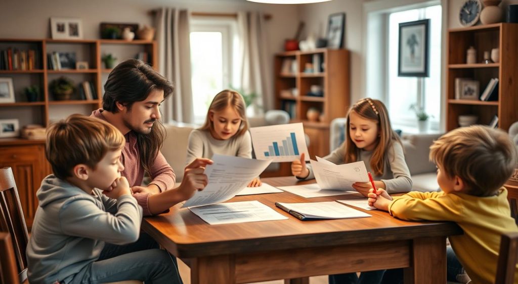 A warm, cozy family gathering around a wooden table, examining financial documents and discussing goals. Soft lighting casts a gentle glow, creating an atmosphere of thoughtful collaboration. In the foreground, a young couple intently reviewing papers, while children play quietly nearby. The middle ground features a family member presenting a chart or graph, highlighting key financial data. The background showcases a comfortable, lived-in home environment, with bookshelves and family photographs adding personal touches. The overall scene conveys a sense of togetherness, open communication, and a shared commitment to achieving financial targets. A warm, cozy family gathering around a wooden table, examining financial documents and discussing goals. Soft lighting casts a gentle glow, creating an atmosphere of thoughtful collaboration. In the foreground, a young couple intently reviewing papers, while children play quietly nearby. The middle ground features a family member presenting a chart or graph, highlighting key financial data. The background showcases a comfortable, lived-in home environment, with bookshelves and family photographs adding personal touches. The overall scene conveys a sense of togetherness, open communication, and a shared commitment to achieving financial targets.