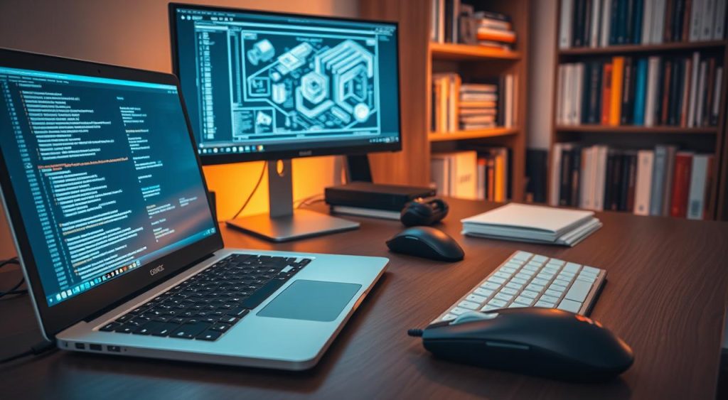 A well-lit desktop workspace showcasing the principal tools of the technology trade. In the foreground, an elegant silver laptop, sleek and powerful, its screen glowing with lines of code. Alongside it, a high-resolution monitor displaying intricate schematics and 3D models. In the middle ground, a crisp, precise mouse and a mechanical keyboard with satisfying tactile feedback. In the background, a bookshelf brimming with programming manuals, networking guides, and the latest tech journals. The overall atmosphere is one of focused productivity, with warm lighting accentuating the modern, minimalist aesthetic. A well-lit desktop workspace showcasing the principal tools of the technology trade. In the foreground, an elegant silver laptop, sleek and powerful, its screen glowing with lines of code. Alongside it, a high-resolution monitor displaying intricate schematics and 3D models. In the middle ground, a crisp, precise mouse and a mechanical keyboard with satisfying tactile feedback. In the background, a bookshelf brimming with programming manuals, networking guides, and the latest tech journals. The overall atmosphere is one of focused productivity, with warm lighting accentuating the modern, minimalist aesthetic.