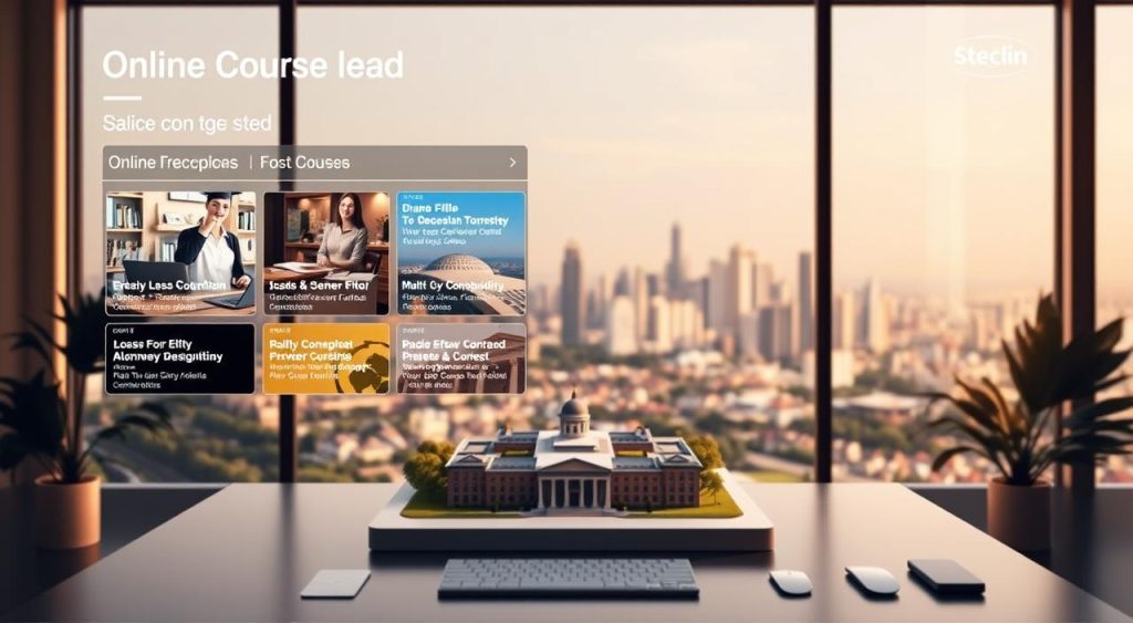 A well-lit, serene online course selection interface showcasing a variety of learning options. In the foreground, an elegant grid of course thumbnails with titles and descriptions hovers above a minimalist workspace. The middle ground features an immersive 3D model of a university campus, conveying a sense of academic prestige. The background depicts a softly blurred panorama of modern skyline, suggesting the global reach of digital education. Warm, natural lighting and a calming color palette create an inviting, professional atmosphere, guiding the viewer towards the ideal online course for their needs. A well-lit, serene online course selection interface showcasing a variety of learning options. In the foreground, an elegant grid of course thumbnails with titles and descriptions hovers above a minimalist workspace. The middle ground features an immersive 3D model of a university campus, conveying a sense of academic prestige. The background depicts a softly blurred panorama of modern skyline, suggesting the global reach of digital education. Warm, natural lighting and a calming color palette create an inviting, professional atmosphere, guiding the viewer towards the ideal online course for their needs.