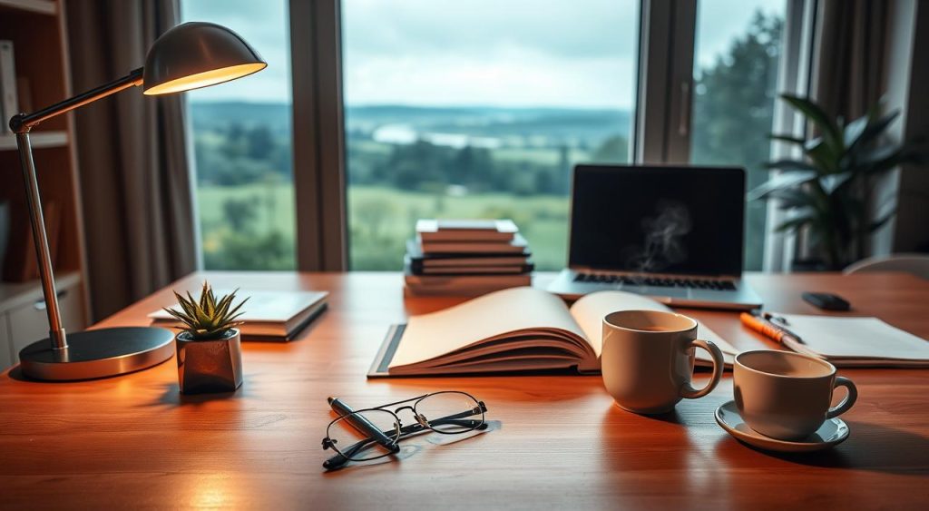 An organized study environment with a warm, focused atmosphere. A sleek wooden desk with an elegant desk lamp providing soft, directional lighting. In the foreground, a few carefully arranged stationery items - a fountain pen, a small potted plant, and a pair of reading glasses. The middle ground features a neatly stacked pile of books, a laptop computer, and a mug of steaming coffee. The background showcases a large window overlooking a tranquil, natural landscape, allowing for ample natural light to fill the space. The overall scene conveys a sense of productivity, mindfulness, and an optimal setting for deep, focused study. An organized study environment with a warm, focused atmosphere. A sleek wooden desk with an elegant desk lamp providing soft, directional lighting. In the foreground, a few carefully arranged stationery items - a fountain pen, a small potted plant, and a pair of reading glasses. The middle ground features a neatly stacked pile of books, a laptop computer, and a mug of steaming coffee. The background showcases a large window overlooking a tranquil, natural landscape, allowing for ample natural light to fill the space. The overall scene conveys a sense of productivity, mindfulness, and an optimal setting for deep, focused study.