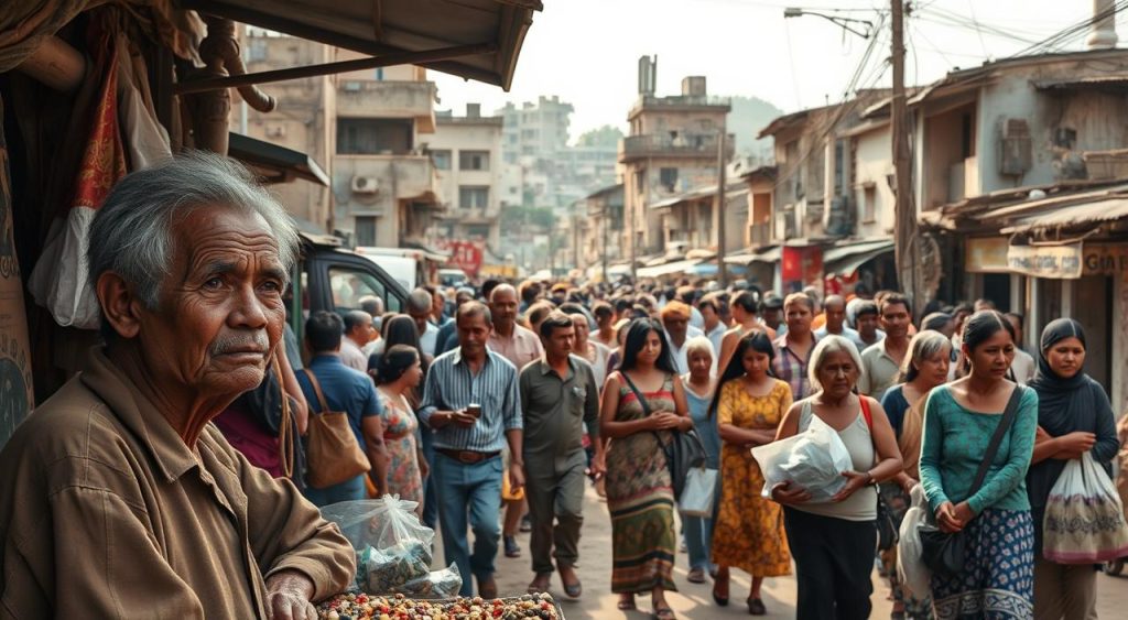 An urban street scene with a sense of informality and precariousness. In the foreground, a street vendor sells handcrafted goods from a makeshift stall, their weathered face reflecting the hardships of informal work. The middle ground features a bustling crowd of people, some carrying packages, others engaged in casual conversations - a tapestry of the diverse livelihoods that comprise the informal economy. In the background, a skyline of mismatched buildings and crumbling infrastructure suggests the lack of formal urban planning and support. The lighting is warm and natural, evoking a sense of resilience and community despite the challenges faced by those in the informal workforce. An urban street scene with a sense of informality and precariousness. In the foreground, a street vendor sells handcrafted goods from a makeshift stall, their weathered face reflecting the hardships of informal work. The middle ground features a bustling crowd of people, some carrying packages, others engaged in casual conversations - a tapestry of the diverse livelihoods that comprise the informal economy. In the background, a skyline of mismatched buildings and crumbling infrastructure suggests the lack of formal urban planning and support. The lighting is warm and natural, evoking a sense of resilience and community despite the challenges faced by those in the informal workforce.