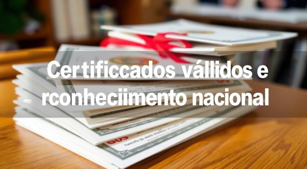 Certificados válidos reconhecimento nacional: A stack of official-looking certificates with emblems, seals, and stamps, displayed on a warm, wooden surface. The certificates are neatly arranged, conveying a sense of professionalism and achievement. The lighting is soft and natural, creating a inviting and trustworthy atmosphere. The background is blurred, keeping the focus on the certificates as the central subject. The image should inspire confidence and a sense of accomplishment, reflecting the section title "Certificados válidos e reconhecimento nacional" within the article. Certificados válidos reconhecimento nacional: A stack of official-looking certificates with emblems, seals, and stamps, displayed on a warm, wooden surface. The certificates are neatly arranged, conveying a sense of professionalism and achievement. The lighting is soft and natural, creating a inviting and trustworthy atmosphere. The background is blurred, keeping the focus on the certificates as the central subject. The image should inspire confidence and a sense of accomplishment, reflecting the section title "Certificados válidos e reconhecimento nacional" within the article.