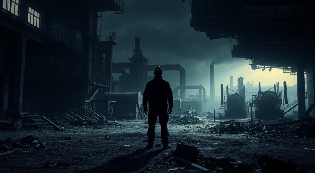 Professions in Danger of Extinction: A Fading Landscape A dimly lit industrial setting, with crumbling factories and abandoned machinery in the background. In the foreground, a lone figure stands amidst the decay, representing a once-thriving occupation now facing obsolescence. The figure is partially obscured by shadows, symbolizing the uncertainty and precariousness of their future. Muted colors and a sense of melancholy permeate the scene, evoking the somber reality of the changing job market. The composition emphasizes the solitary, vulnerable nature of the individual, highlighting the personal impact of technological advancements and economic shifts that threaten to make certain professions obsolete. Professions in Danger of Extinction: A Fading Landscape A dimly lit industrial setting, with crumbling factories and abandoned machinery in the background. In the foreground, a lone figure stands amidst the decay, representing a once-thriving occupation now facing obsolescence. The figure is partially obscured by shadows, symbolizing the uncertainty and precariousness of their future. Muted colors and a sense of melancholy permeate the scene, evoking the somber reality of the changing job market. The composition emphasizes the solitary, vulnerable nature of the individual, highlighting the personal impact of technological advancements and economic shifts that threaten to make certain professions obsolete.