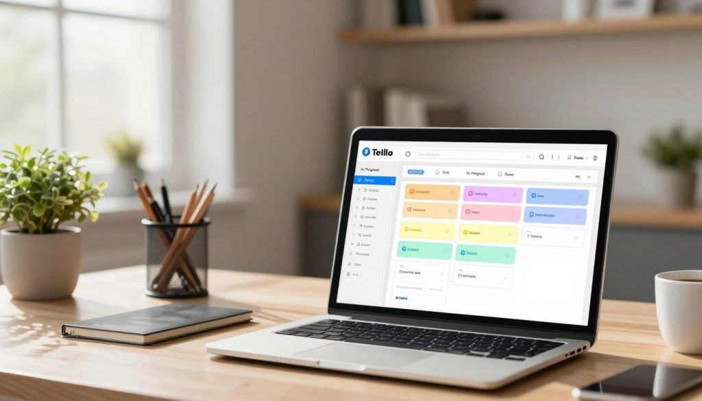 A modern digital workspace showcasing the Trello productivity app interface. In the foreground, a laptop with the Trello dashboard visible, featuring colorful Kanban boards with various task cards organized by categories like "To Do," "In Progress," and "Done." In the middle, a stylish workspace setup with stationery, a plant, and a coffee cup to convey a productive atmosphere. The background displays softly blurred elements like shelving with books and tech gadgets, illuminated by natural light coming through a nearby window, creating a bright and inspiring ambiance. The overall mood should feel organized and motivating, emphasizing clarity and efficiency in planning. Envision a warm color palette with soft shadows enhancing the workspace.