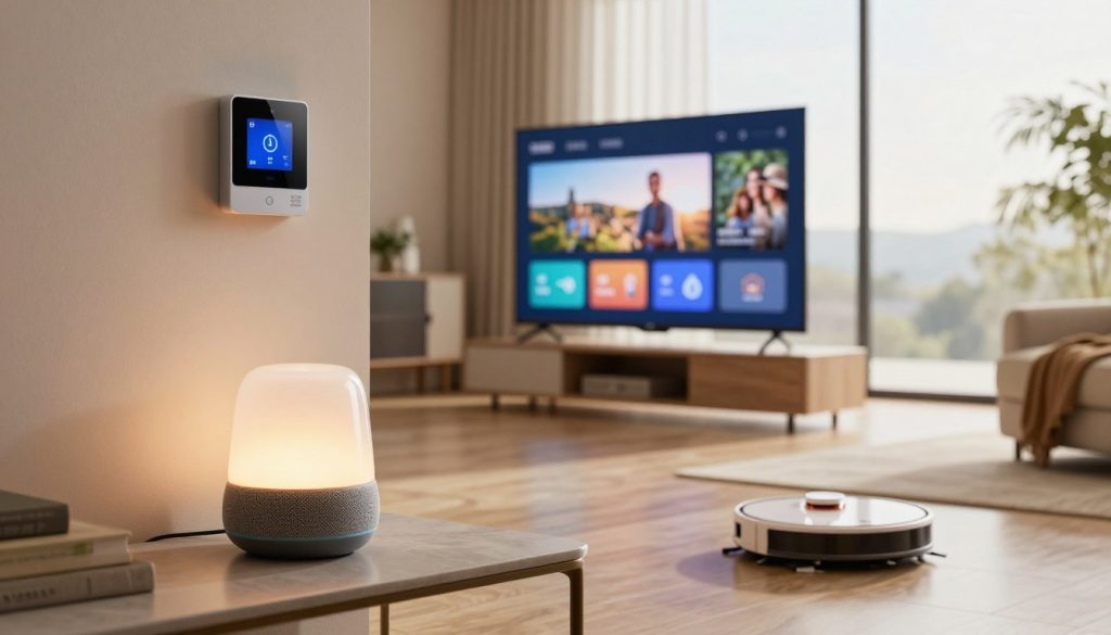 A modern, stylish living room showcasing a range of smart home devices. In the foreground, a sleek smart speaker with ambient glowing lights sits on a minimalist coffee table. To the side, a compact smart thermostat with a digital display is mounted on the wall. In the middle, a large flat-screen TV displays a home automation app interface. A robot vacuum glides effortlessly across the floor, reflecting a harmonious blend of technology and design. The background features large windows allowing natural light to flood the space, highlighting the cozy yet high-tech atmosphere. The overall mood is warm and inviting, suggesting convenience and safety in daily life. Soft lighting and an elegant color palette enhance the sophisticated yet approachable feel of the scene.