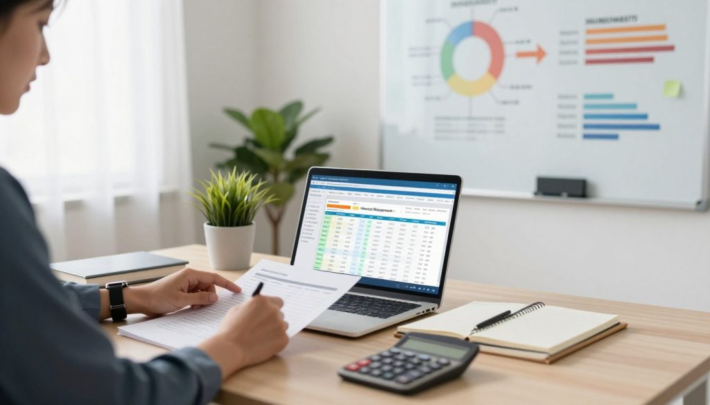 A modern workspace focused on financial management, featuring a well-organized desk with a laptop displaying a colorful budget spreadsheet. In the foreground, a professional individual in smart casual attire, deeply engaged in reviewing documents, surrounded by notepads and a calculator. The middle ground shows a potted plant for a touch of greenery, while a whiteboard in the background displays simple financial strategies in colorful diagrams. Soft, natural light filters through a nearby window, creating a warm, inviting atmosphere. The image should be bright and clean, reflecting an organized and efficient mindset, emphasizing the theme of practical strategies for reducing unnecessary expenses.