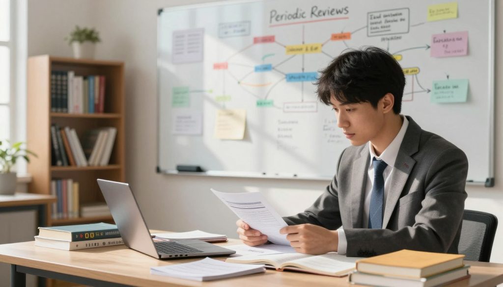 A study scene depicting a focused individual reviewing materials for a public examination. In the foreground, a young adult, dressed in professional business attire, sits at a well-organized desk strewn with books, notes, and a laptop open to a study guide. The middle ground features a large whiteboard covered in colorful mind maps and notes, illustrating the importance of periodic reviews. In the background, a softly lit bookshelf filled with educational texts creates a warm and inviting atmosphere. The room is illuminated by natural light filtering in through a window, casting gentle shadows that inspire concentration and determination. The overall mood is one of diligence and study, emphasizing the strategic approach to exam preparation.