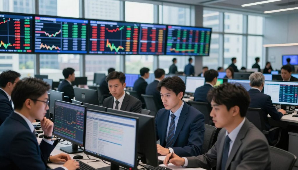 A bustling stock market scene, showcasing traders in a modern, high-tech trading floor. In the foreground, a diverse group of professionals in business attire analyze data on multiple screens, their expressions focused and determined. The middle layer features a digital display of fluctuating stock prices and market trends, illuminated by bright LED lights. In the background, large windows reveal a city skyline, casting soft daylight into the room, enhancing a lively atmosphere. The overall mood is one of excitement and opportunity, reflecting the dynamic nature of the stock market. The lighting is bright, emphasizing clarity and focus, while a slight depth of field creates an immersive experience.