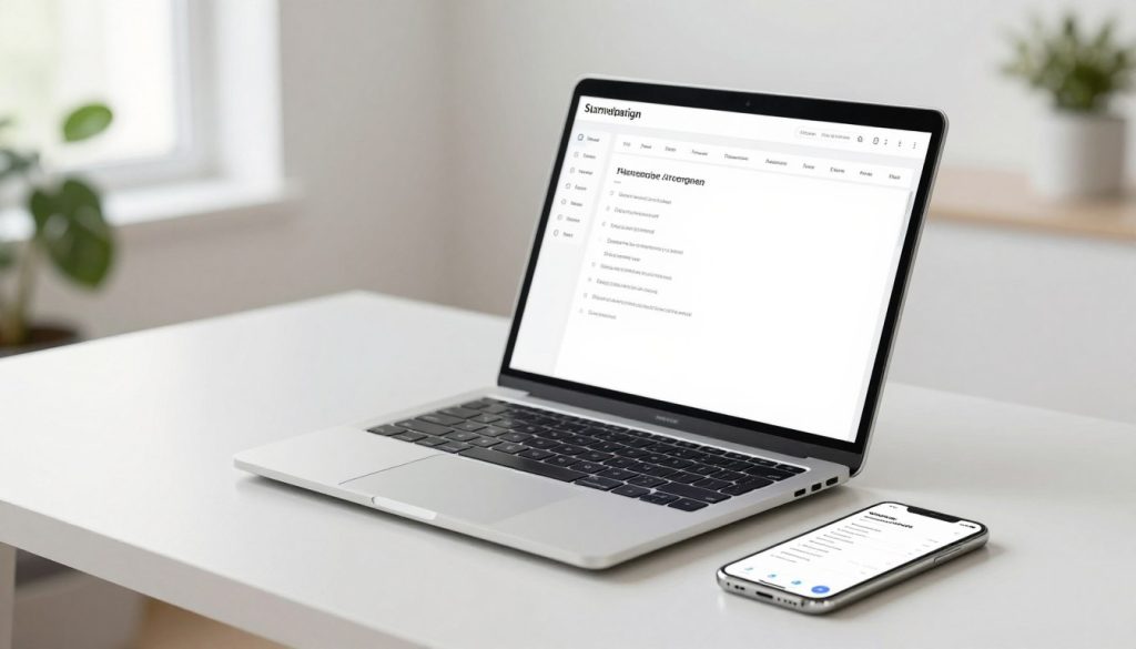 A clean, minimalist workspace featuring a modern desk with a sleek laptop open to a task management app on the screen, displaying organized tasks in a simple design. In the foreground, a stylish, minimalistic smartphone also showing the same app interface. The background includes a soft-focus view of indoor plants and a bright window letting in natural light, creating an airy and tranquil atmosphere. The scene is well-lit with soft, diffused lighting emphasizing simplicity and organization. The mood conveys focus and clarity, ideal for a productive environment. The composition should exclude any people to maintain emphasis on the technology and the minimalist aesthetic.