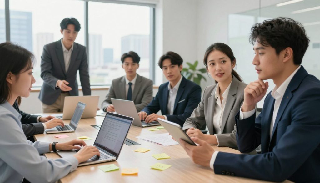 A diverse group of professionals, in smart business attire, collaboratively brainstorming in a bright, modern office space. In the foreground, show a confident woman presenting her ideas on a digital tablet, while a man in a suit nods thoughtfully. In the middle ground, colleagues are engaged in discussions, with sticky notes and open laptops scattered on a large conference table. The background features large windows with city skyline views, allowing natural light to flood the space, creating an inviting and dynamic atmosphere. Use soft lighting to convey a sense of innovation and adaptability. The overall mood reflects teamwork, growth, and resilience in a fast-paced work environment, emphasizing the importance of adaptability in professional growth. A diverse group of professionals, in smart business attire, collaboratively brainstorming in a bright, modern office space. In the foreground, show a confident woman presenting her ideas on a digital tablet, while a man in a suit nods thoughtfully. In the middle ground, colleagues are engaged in discussions, with sticky notes and open laptops scattered on a large conference table. The background features large windows with city skyline views, allowing natural light to flood the space, creating an inviting and dynamic atmosphere. Use soft lighting to convey a sense of innovation and adaptability. The overall mood reflects teamwork, growth, and resilience in a fast-paced work environment, emphasizing the importance of adaptability in professional growth.