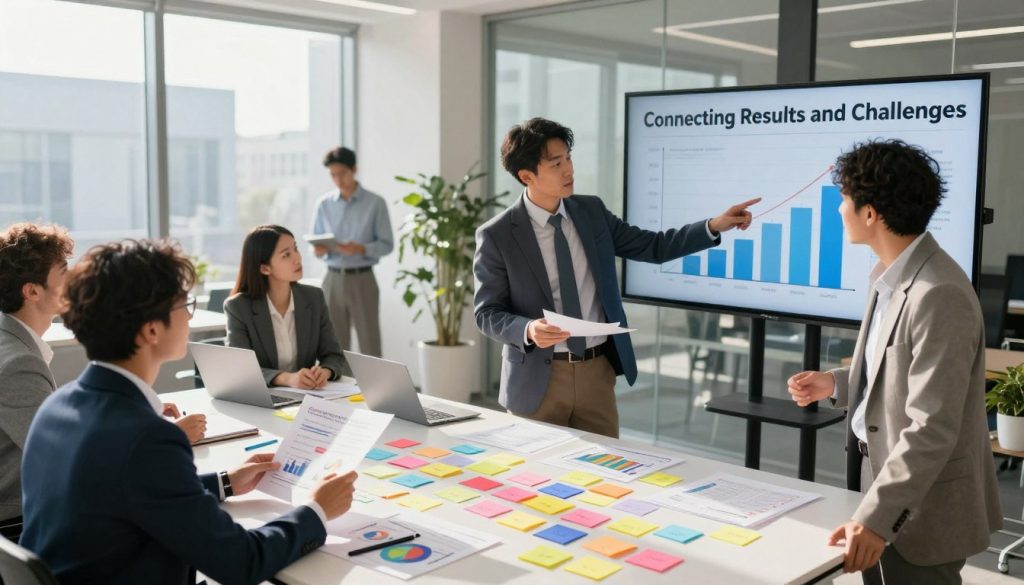 A dynamic and conceptual visualization of "Connecting Results and Challenges" in a strategic learning context. In the foreground, a diverse group of three professionals dressed in smart business attire, engaged in a collaborative discussion, with charts and graphs in their hands; one person points to a digital screen displaying growth metrics. In the middle ground, a large table with colorful post-it notes and strategic planning documents, symbolizing brainstorming and problem-solving. In the background, a modern office setting with large windows letting in natural sunlight, casting soft shadows, creating an inspiring and focused atmosphere. The overall mood should be collaborative and progressive, emphasizing teamwork and the journey of learning through challenges. Use a wide-angle lens effect to capture the bustling energy of the environment.