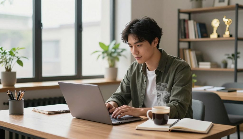 A modern freelancer working in a stylish home office environment. In the foreground, a young professional, dressed in smart casual attire, is focused on their laptop, surrounded by notebooks and a steaming mug of coffee. The middle ground features a large window allowing soft, natural light to fill the space, illuminating indoor plants and minimalistic decor. In the background, a bookshelf filled with industry-related books and awards showcases their expertise. The atmosphere is creative and productive, hinting at innovation and client collaboration, with a warm color palette that evokes a sense of comfort and focus. The camera angle captures the freelancer in action, highlighting their dedication and professionalism without any distractions or noise.