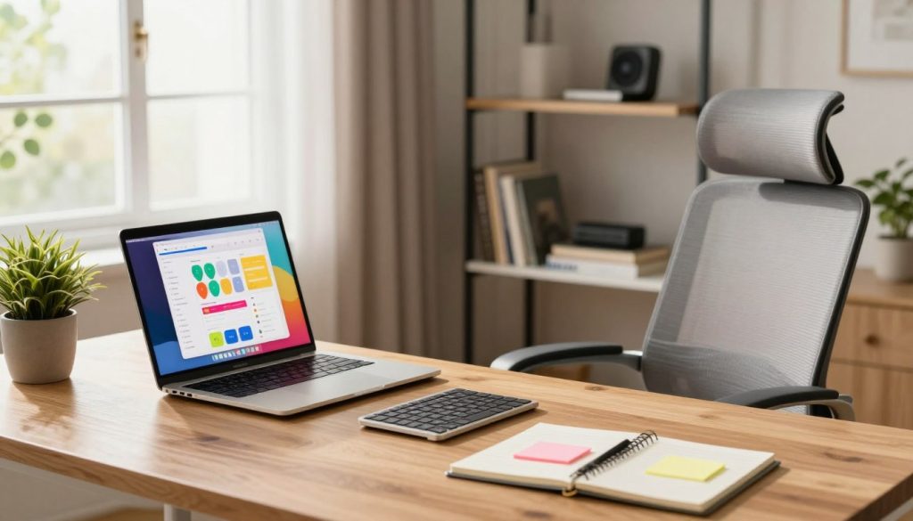 A modern home office setup, featuring a sleek wooden desk with essential digital tools for productivity. In the foreground, a laptop displaying a vibrant productivity app, a wireless keyboard, and a notepad with colorful sticky notes. To the side, a potted plant adds a touch of nature. In the middle ground, a comfortable ergonomic chair facing the desk, with a minimalist shelving unit displaying books and tech gadgets. The background showcases a bright window with curtains, letting in warm, natural light that creates a cozy atmosphere. The scene is devoid of any human figures, emphasizing the inviting and organized workspace, perfect for focusing and maintaining productivity. The overall mood conveys professionalism and balance.