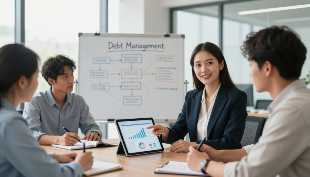 A modern office setting with a diverse group of professionals engaged in a collaborative discussion about debt management strategies. In the foreground, a confident woman in a business suit points at a digital tablet displaying a financial plan, while a man in a casual shirt takes notes. In the middle ground, a whiteboard filled with flowcharts and bullet points outlines effective debt strategies. The background features large windows with natural light streaming in, creating a bright atmosphere. The overall mood is focused yet optimistic, representing hope and empowerment in overcoming financial challenges. The scene should be captured with a wide-angle lens to include all elements harmoniously. A modern office setting with a diverse group of professionals engaged in a collaborative discussion about debt management strategies. In the foreground, a confident woman in a business suit points at a digital tablet displaying a financial plan, while a man in a casual shirt takes notes. In the middle ground, a whiteboard filled with flowcharts and bullet points outlines effective debt strategies. The background features large windows with natural light streaming in, creating a bright atmosphere. The overall mood is focused yet optimistic, representing hope and empowerment in overcoming financial challenges. The scene should be captured with a wide-angle lens to include all elements harmoniously.