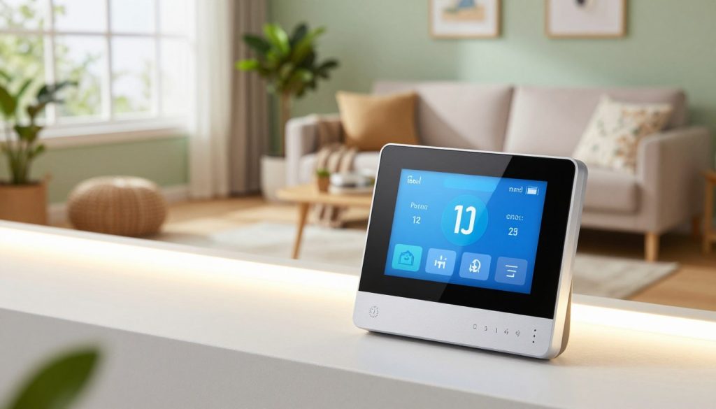 A modern smart thermostat displayed prominently in the foreground, featuring a sleek and minimalist design with a touch screen. Surrounding it, LED lights softly illuminating a cozy living room environment, showcasing energy-efficient lighting. In the middle ground, a stylish couch with eco-friendly decor elements, such as potted plants and recycled materials. The background features large windows with natural light streaming in, accentuating the green aspect of the room. The atmosphere is warm and inviting, projecting innovation and sustainability. The lighting is bright yet soft, creating a harmonious balance. The angle captures a slight overhead view, emphasizing the integration of technology in everyday life.