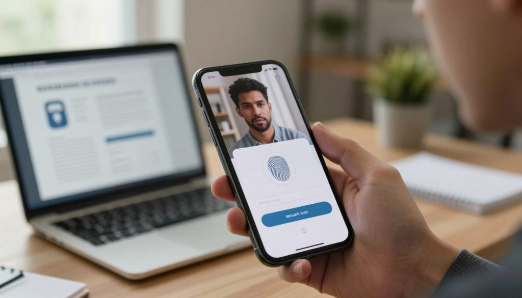 A modern smartphone held in a user’s hand, displaying a secure login interface with biometric authentication options like fingerprint and facial recognition. In the foreground, the phone's screen glows softly, reflecting the user's determined expression, suggesting focus on data privacy. The middle ground features a blurred background of a cozy but stylish home office, with a laptop and security documentation visible, symbolizing a safe digital environment. Soft, natural light illuminates the scene, creating a warm yet serious mood emphasizing the importance of mobile security. The overall composition highlights the interplay between technology and safety, showcasing tools that protect personal data without any distractions or text elements.
