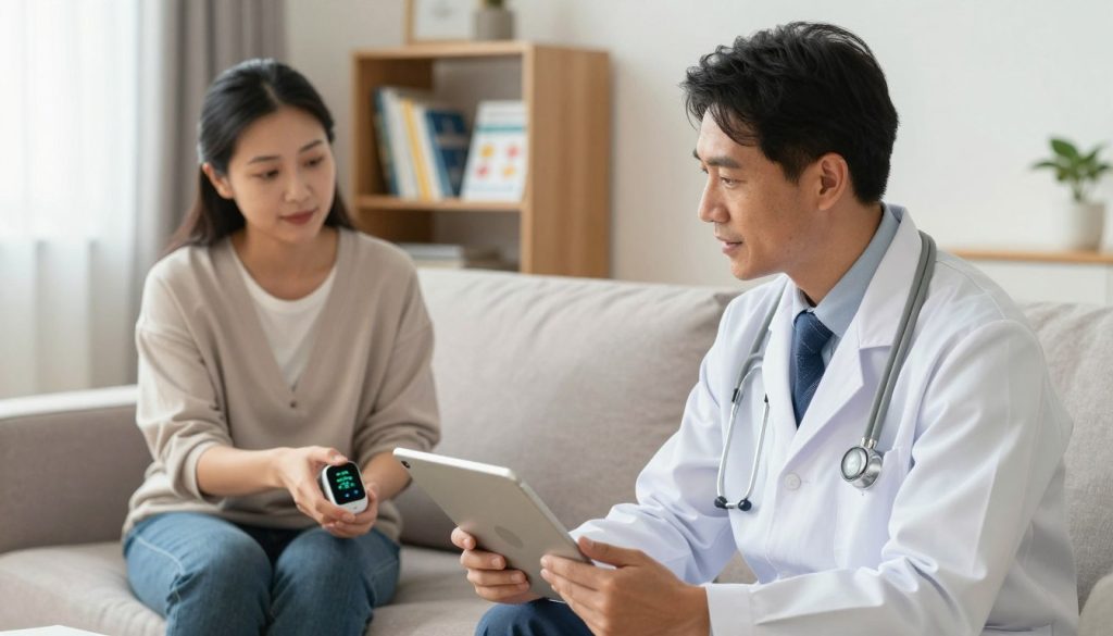 A modern telemedicine setup featuring a remote clinical consultation in a well-lit, cozy home environment. In the foreground, a professional doctor in business attire is speaking on a tablet, maintaining a focused and empathetic expression. The middle ground includes a patient sitting comfortably on a sofa, holding a wearable health gadget that monitors vital signs. Behind them, a small bookshelf is filled with medical books and health brochures, adding authenticity. Soft, natural lighting illuminates the scene, creating a warm and inviting atmosphere. The angle is slightly elevated, capturing both the doctor and patient in the frame. Emphasize a sense of connection and innovation in healthcare, highlighting the accessibility and convenience of remote medical consultations.