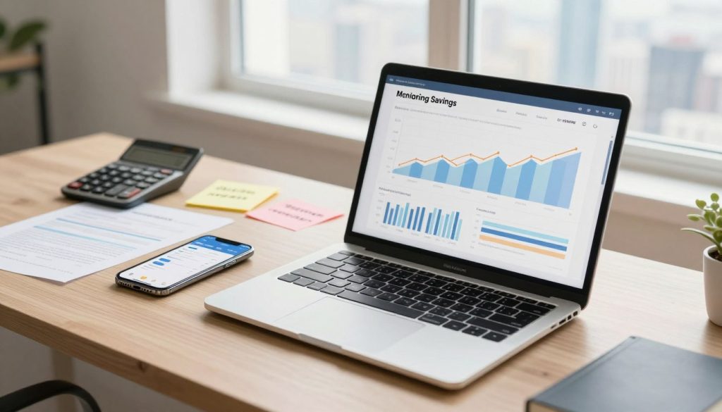 A modern workspace showcasing tools and applications for monitoring savings and financial reserves. In the foreground, a stylish laptop displays graphs and charts related to savings progress. Beside it, a smartphone with a finance app open with a clear interface. The middle section features a desk with financial documents, a calculator, and motivational notes. The background includes a bright window letting in natural light, with a city skyline visible, suggesting urban professionalism. The scene has a calm and optimistic atmosphere, illuminated by soft, warm lighting to evoke a sense of clarity and focus. The angle is slightly angled from above, providing a comprehensive view without any human subjects present.