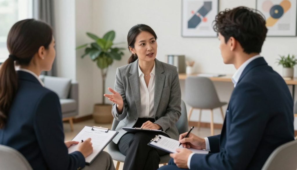 A professional job interview setting, featuring a diverse male and female recruiter and candidate in a well-lit office. The foreground showcases the candidate, poised and confident, dressed in a sleek navy suit, holding a notepad, and actively engaging with the interviewers. In the middle, the recruiter, a middle-aged woman in a tailored gray blazer, gestures towards the candidate, embodying an attentive and open demeanor. The office background includes modern furnishings, a potted plant, and motivational artwork on the walls, conveying a welcoming atmosphere. Soft, natural lighting highlights the focused expressions of all participants, creating a mood of professionalism and positivity. The scene is captured from a slightly elevated angle, enhancing the dynamics of the interaction.