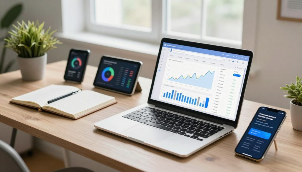 A modern workspace featuring essential financial automation tools. In the foreground, a sleek laptop displaying financial graphs and an automated budgeting app. Beside it, a smartphone with notifications of passive income generated overnight. The middle ground showcases a stylish desk with a planner, digital financial gadgets, and a potted plant for a touch of freshness. In the background, a large window allows soft, natural light to fill the room, creating a bright and motivating atmosphere. The overall mood is professional yet inviting, emphasizing productivity and financial success. The image should be captured from a slightly elevated angle, giving a comprehensive view of the workspace setup, highlighting the integration of technology in financial management.